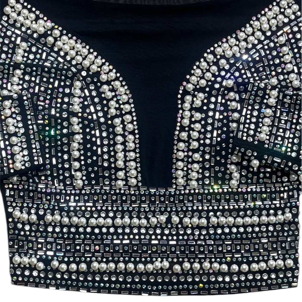 Windsor Best Dressed Faux Pearl Embellished Rhinestone Mesh Crop Top Size Small
